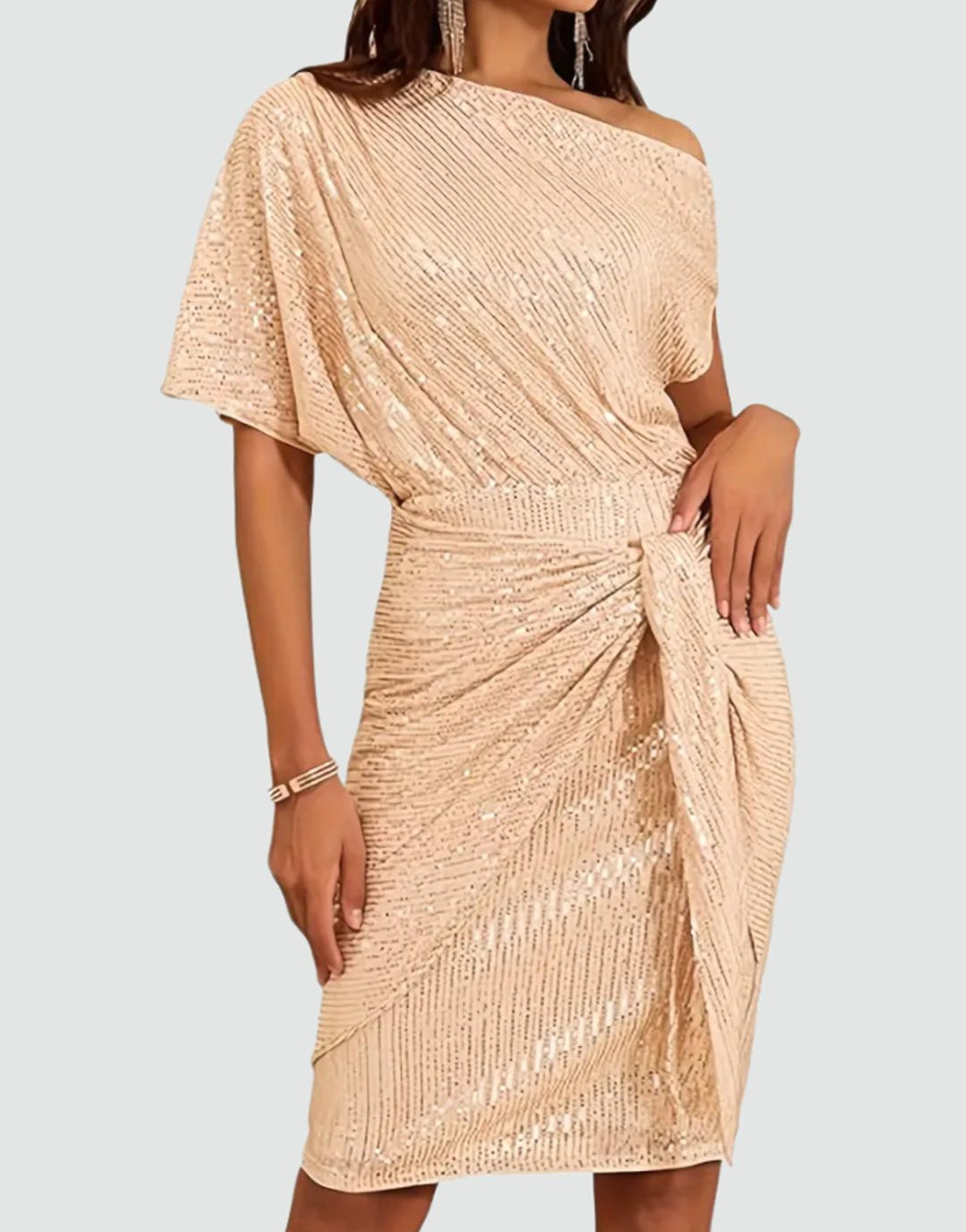 Women's One-Shoulder Sequin Midi Dress Twisted Waist Tie - Golden Brown