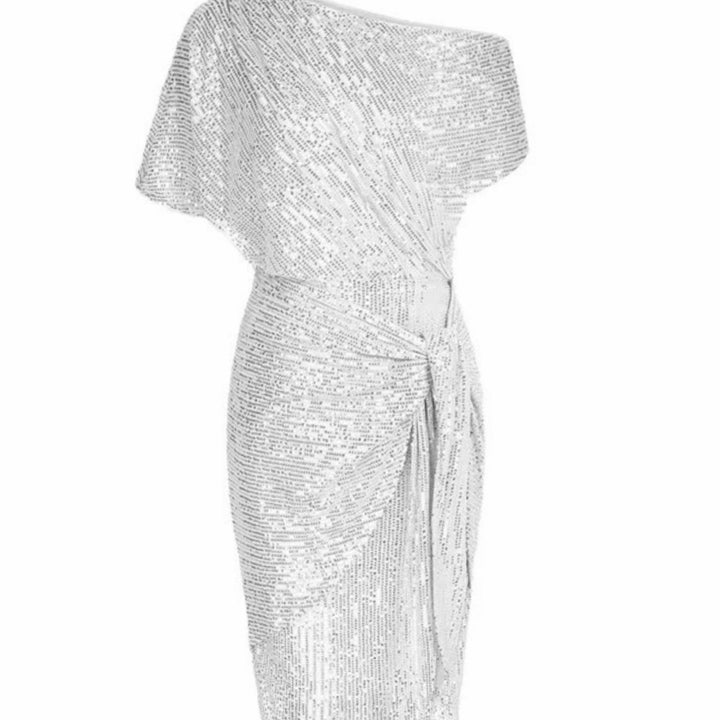 Women's One-Shoulder Sequin Midi Dress Twisted Waist Tie - White