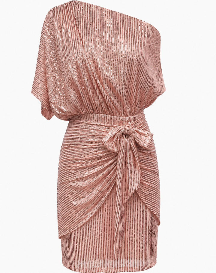 Women's One-Shoulder Sequin Midi Dress Twisted Waist Tie