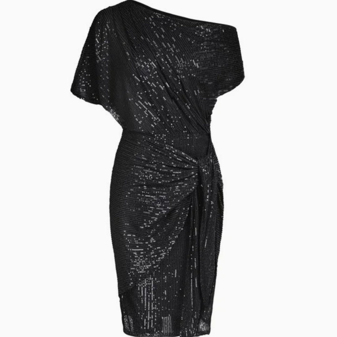 Women's One-Shoulder Sequin Midi Dress Twisted Waist Tie - Black