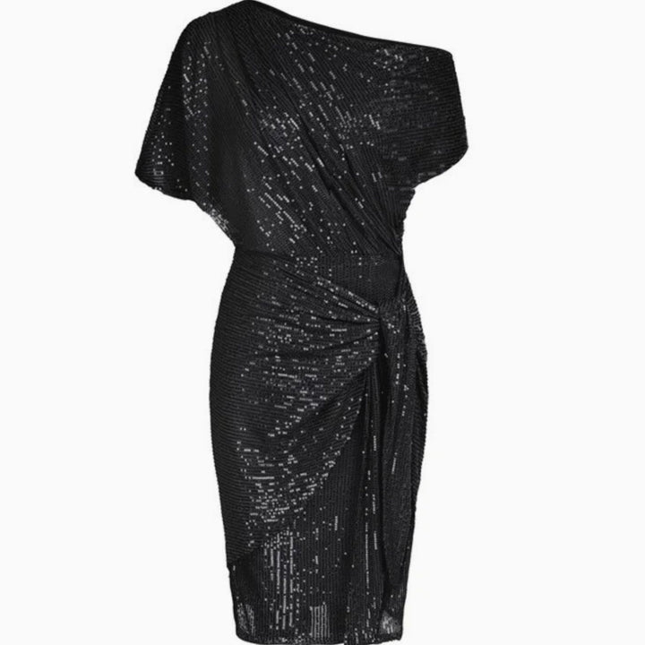 Women's One-Shoulder Sequin Midi Dress Twisted Waist Tie - Black