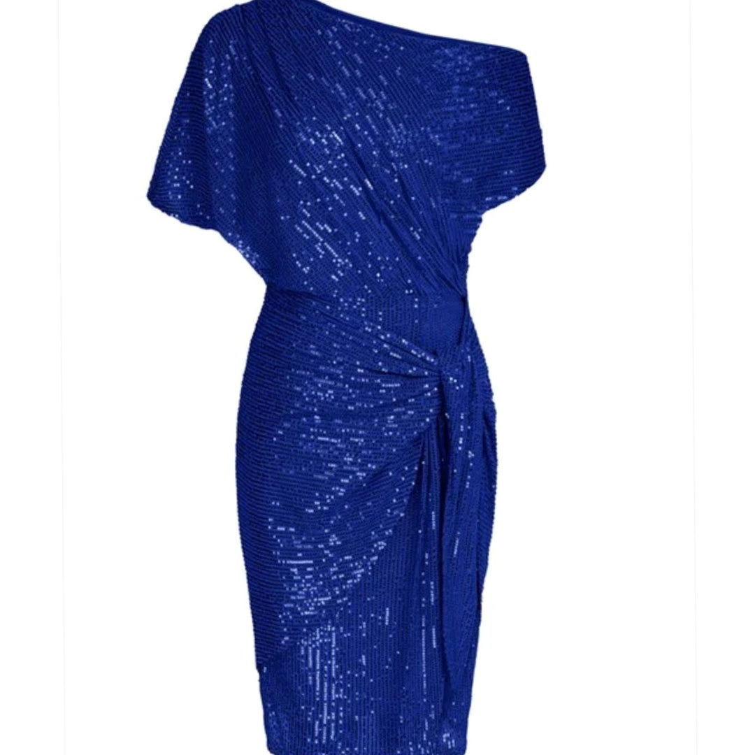 Women's One-Shoulder Sequin Midi Dress Twisted Waist Tie - Blue