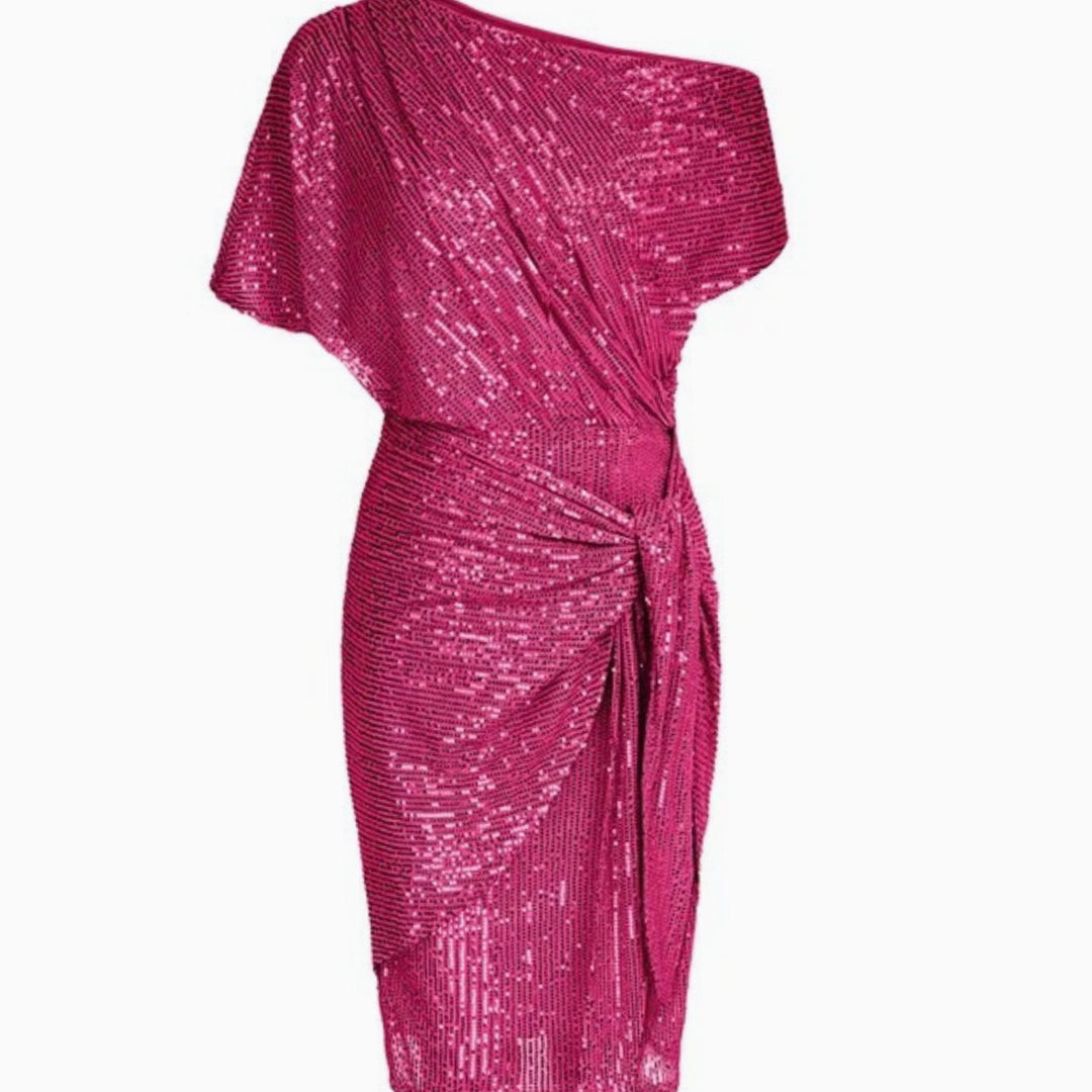 Women's One-Shoulder Sequin Midi Dress Twisted Waist Tie - Pink