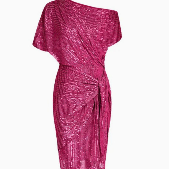 Women's One-Shoulder Sequin Midi Dress Twisted Waist Tie - Pink