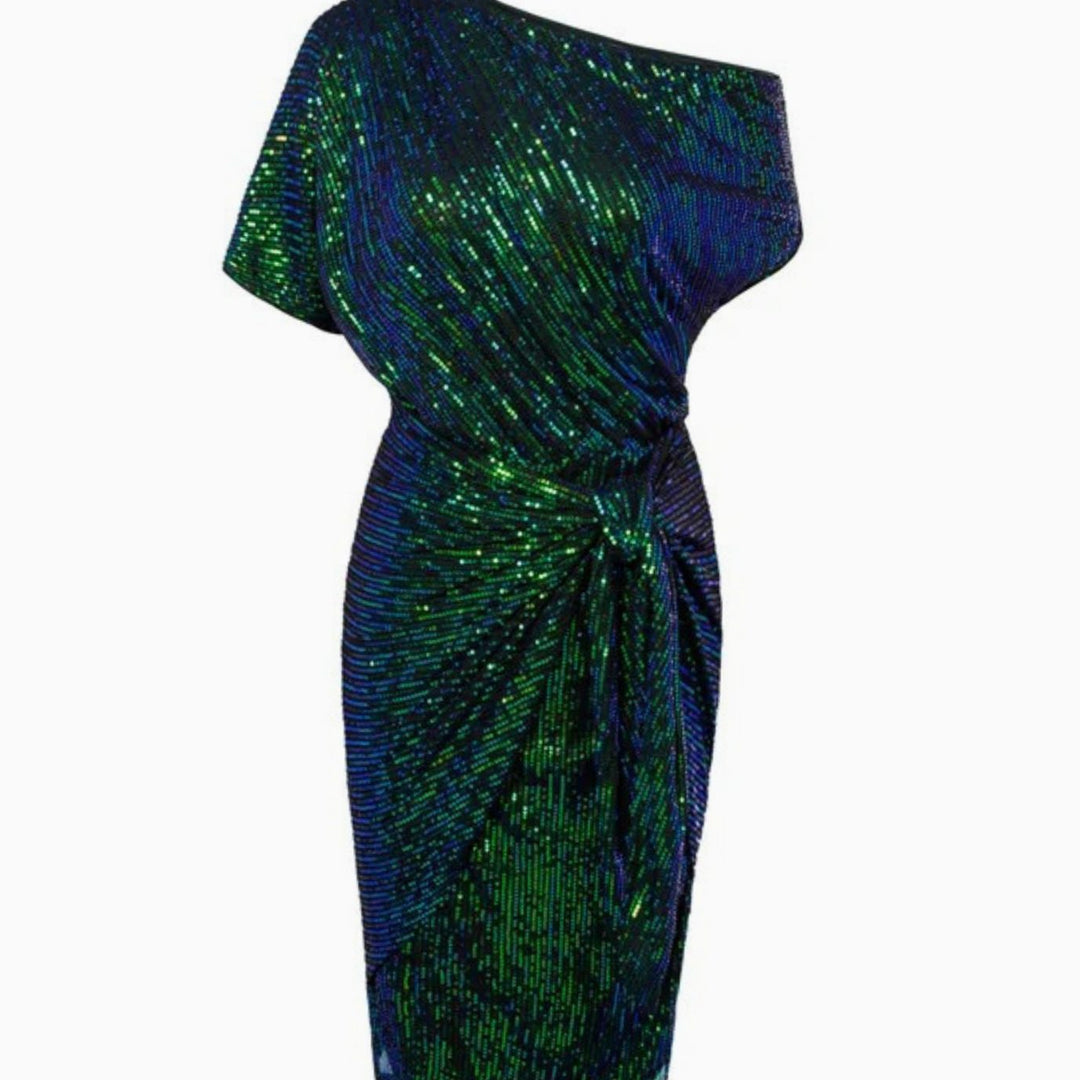 Women's One-Shoulder Sequin Midi Dress Twisted Waist Tie - Dark Green