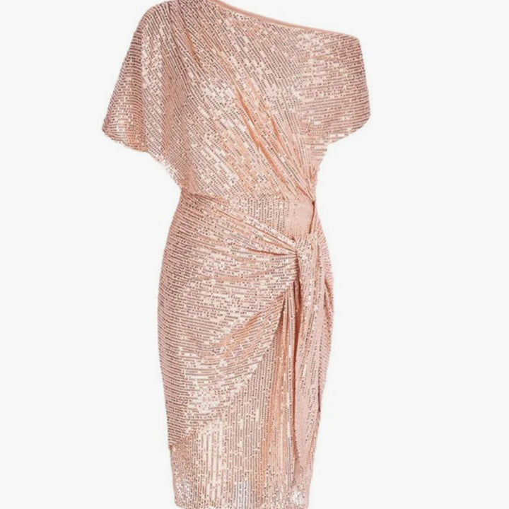 Women's One-Shoulder Sequin Midi Dress Twisted Waist Tie - Light Pink