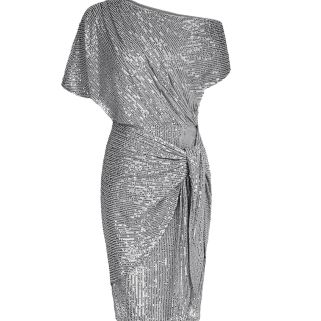 Women's One-Shoulder Sequin Midi Dress Twisted Waist Tie - Light Gray