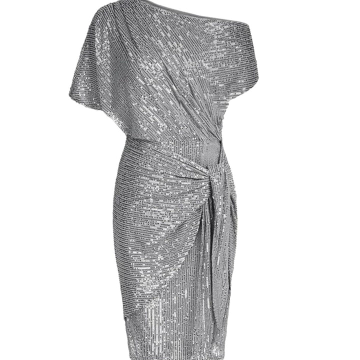 Women's One-Shoulder Sequin Midi Dress Twisted Waist Tie - Light Gray
