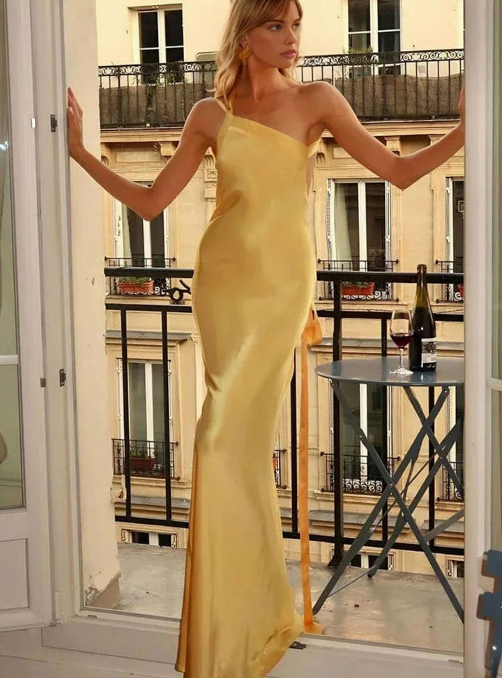 Women's Open Back Satin Maxi Dress Thin Strap Formal Gown - Yellow