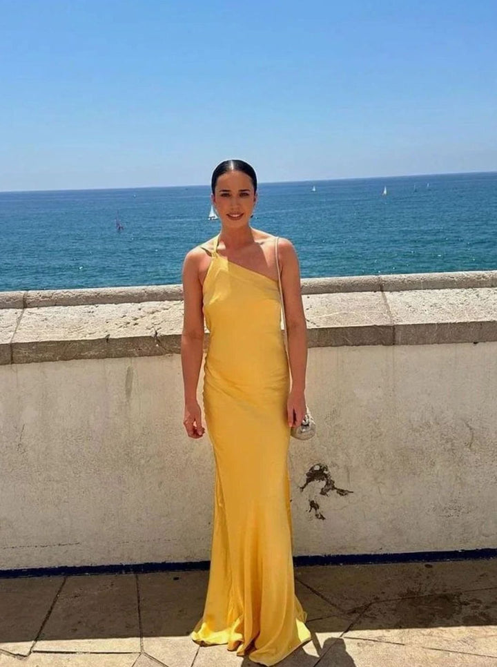 Women's Open Back Satin Maxi Dress Thin Strap Formal Gown