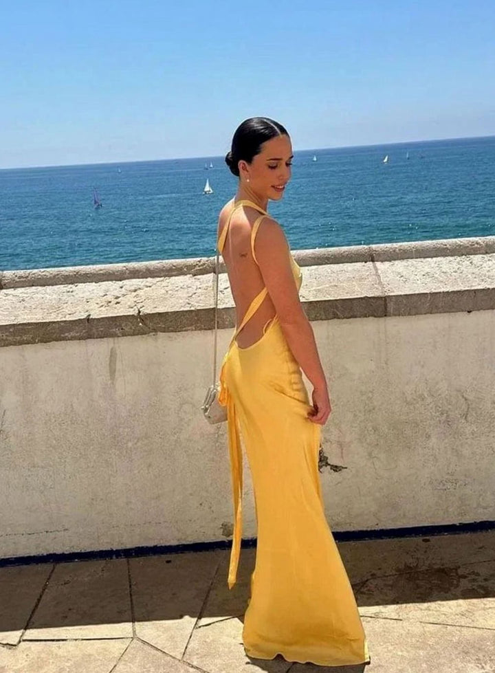Women's Open Back Satin Maxi Dress Thin Strap Formal Gown