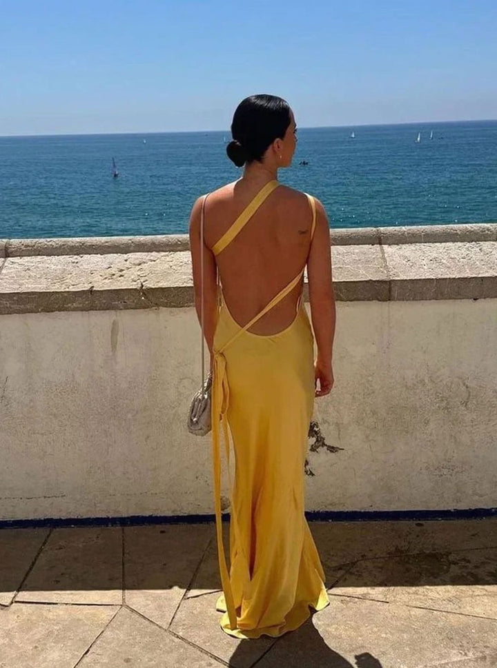 Women's Open Back Satin Maxi Dress Thin Strap Formal Gown