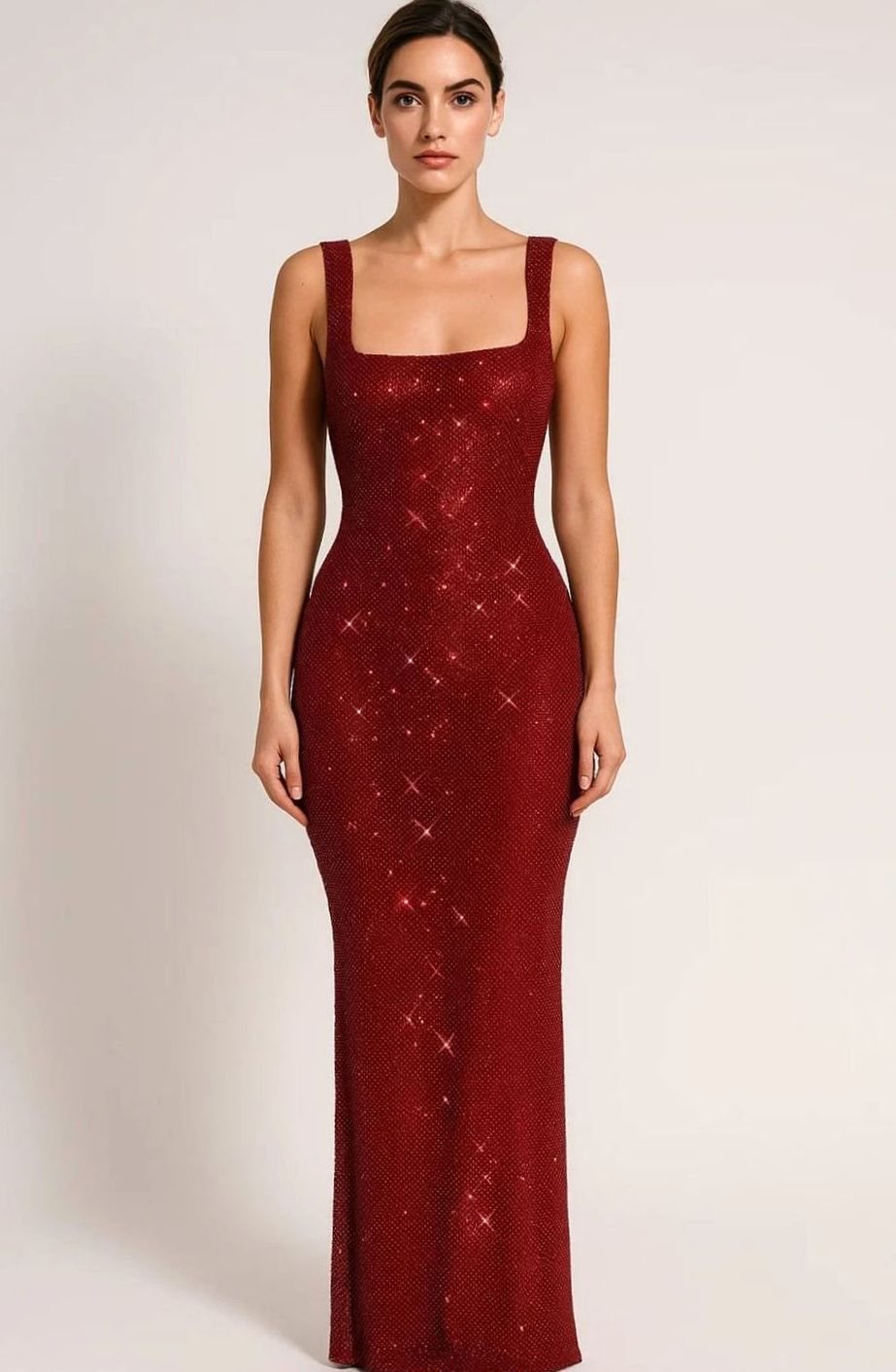 Women's Open-Back Square-Neck Sequin Maxi Dress - Red
