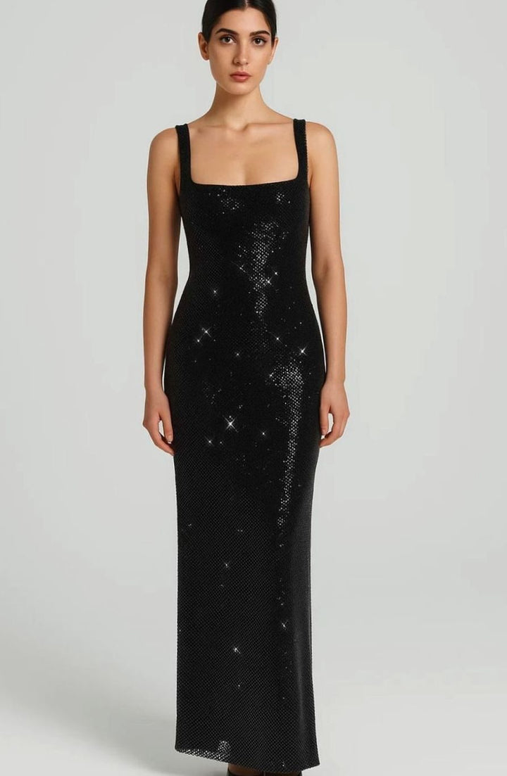Women's Open-Back Square-Neck Sequin Maxi Dress - Black