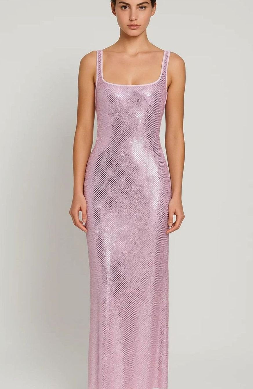 Women's Open-Back Square-Neck Sequin Maxi Dress - Pink