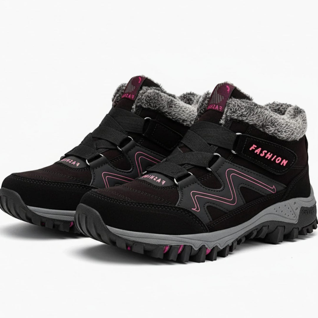 Women's Orthopedic Ankle Boots Faux Fur Lug Sole Winter Sneakers - Black Pink