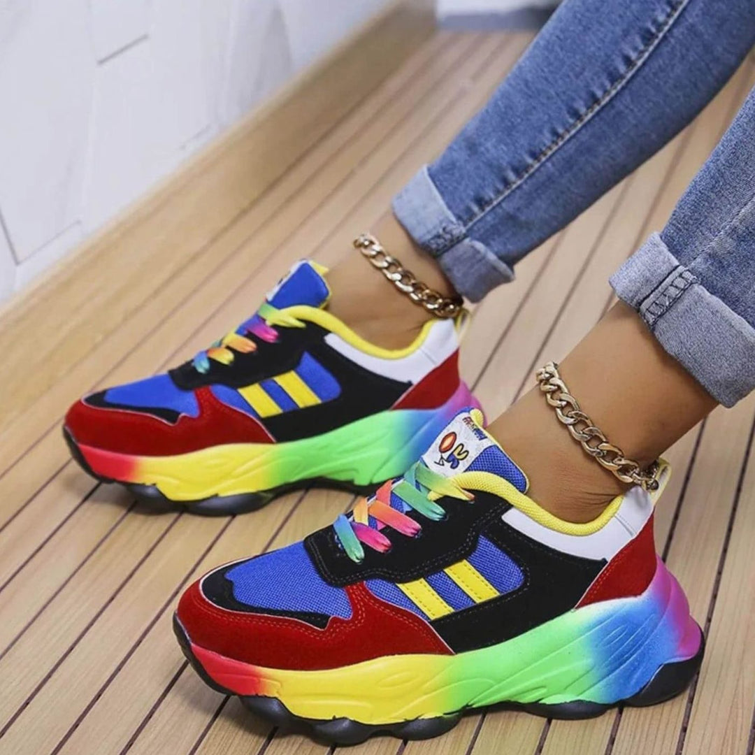 Women's Orthopedic Arch-Support Rainbow Chunky Lace-Up Sneakers - Black