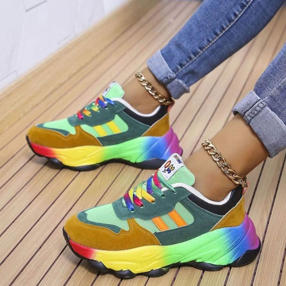 Women's Orthopedic Arch-Support Rainbow Chunky Lace-Up Sneakers - Green