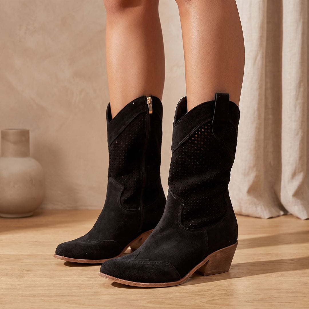 Women's Orthopedic Perforated Western Cowboy Mid-Calf Boots - Black