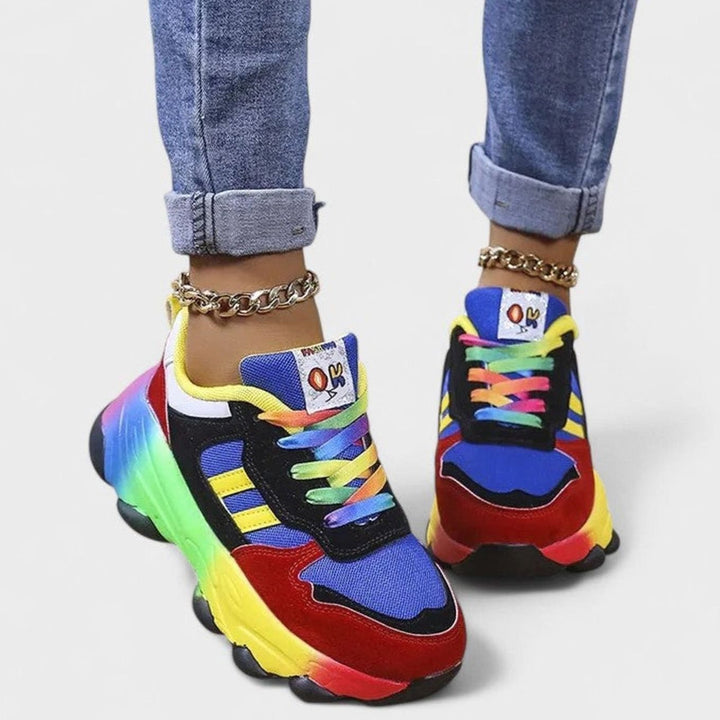 Women's Orthopedic Sneakers Rainbow Sole Lace-Up Chunky Shoes - Blue