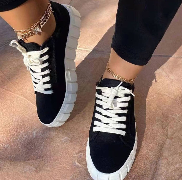 Women's Orthopedic Tie-Dye Platform Lace-Up Sneakers - Black and White