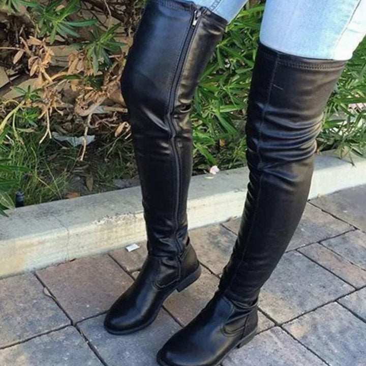 Women's Over-the-Knee Slim-Fit Block-Heel Boots - Black