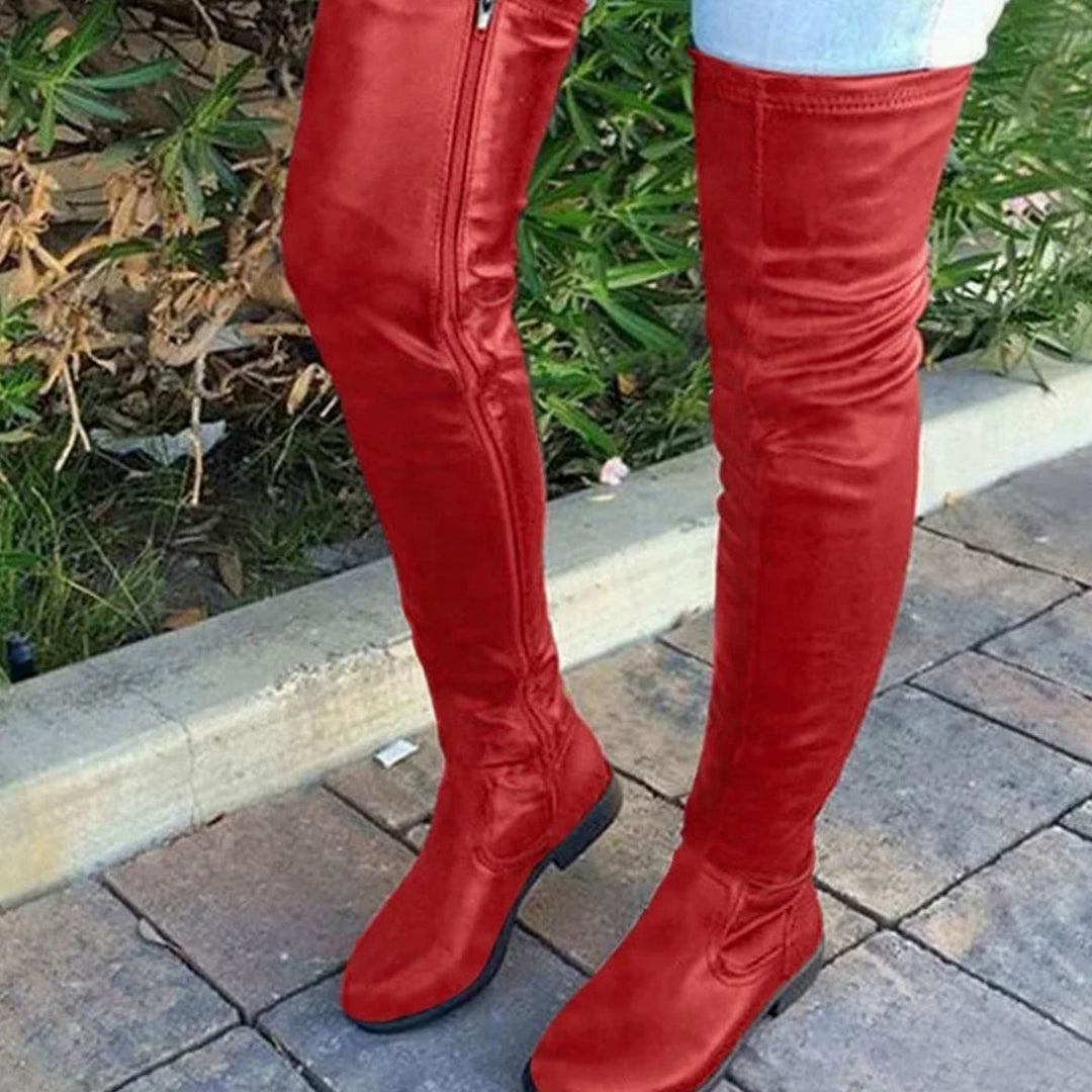 Women's Over-the-Knee Slim-Fit Block-Heel Boots - Red