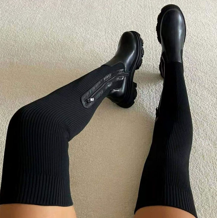Women's Over-the-Knee Stretch Knit Chunky Platform Boots - Black
