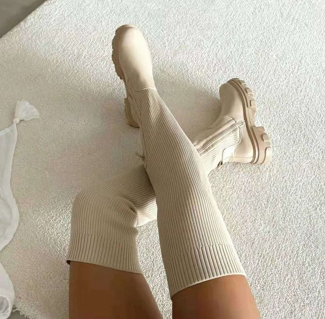 Women's Over-the-Knee Stretch Knit Chunky Platform Boots - Beige