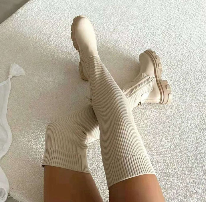 Women's Over-the-Knee Stretch Knit Chunky Platform Boots - Beige