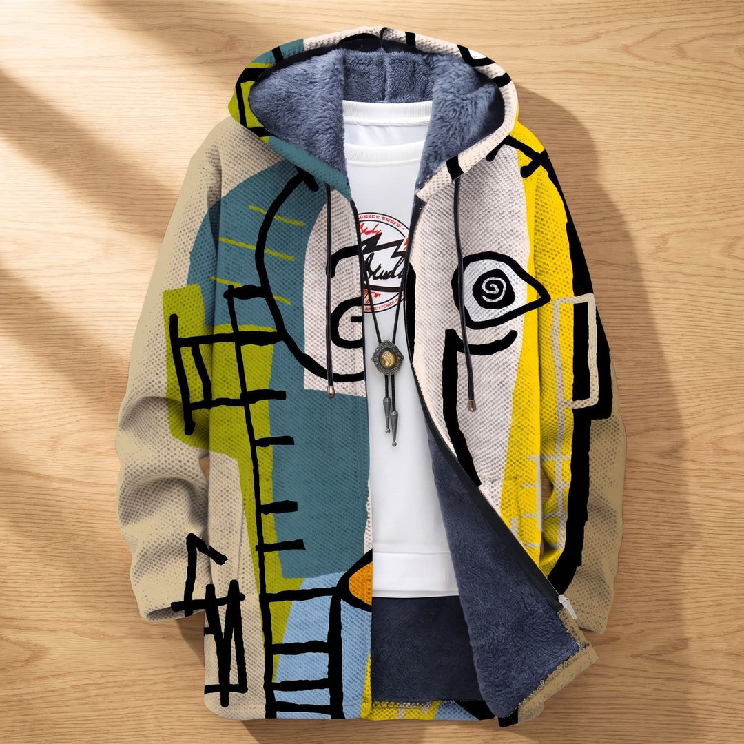 Women's Oversized Abstract Art Print Fleece-Lined Hooded Cardigan - Multicolor