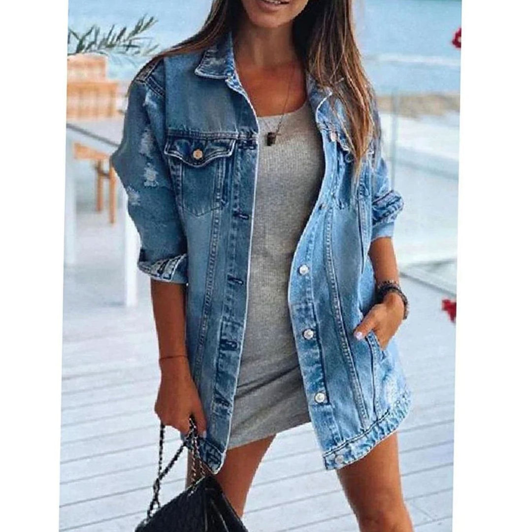 Women's Oversized Button-Front Distressed Denim Jacket - Blue