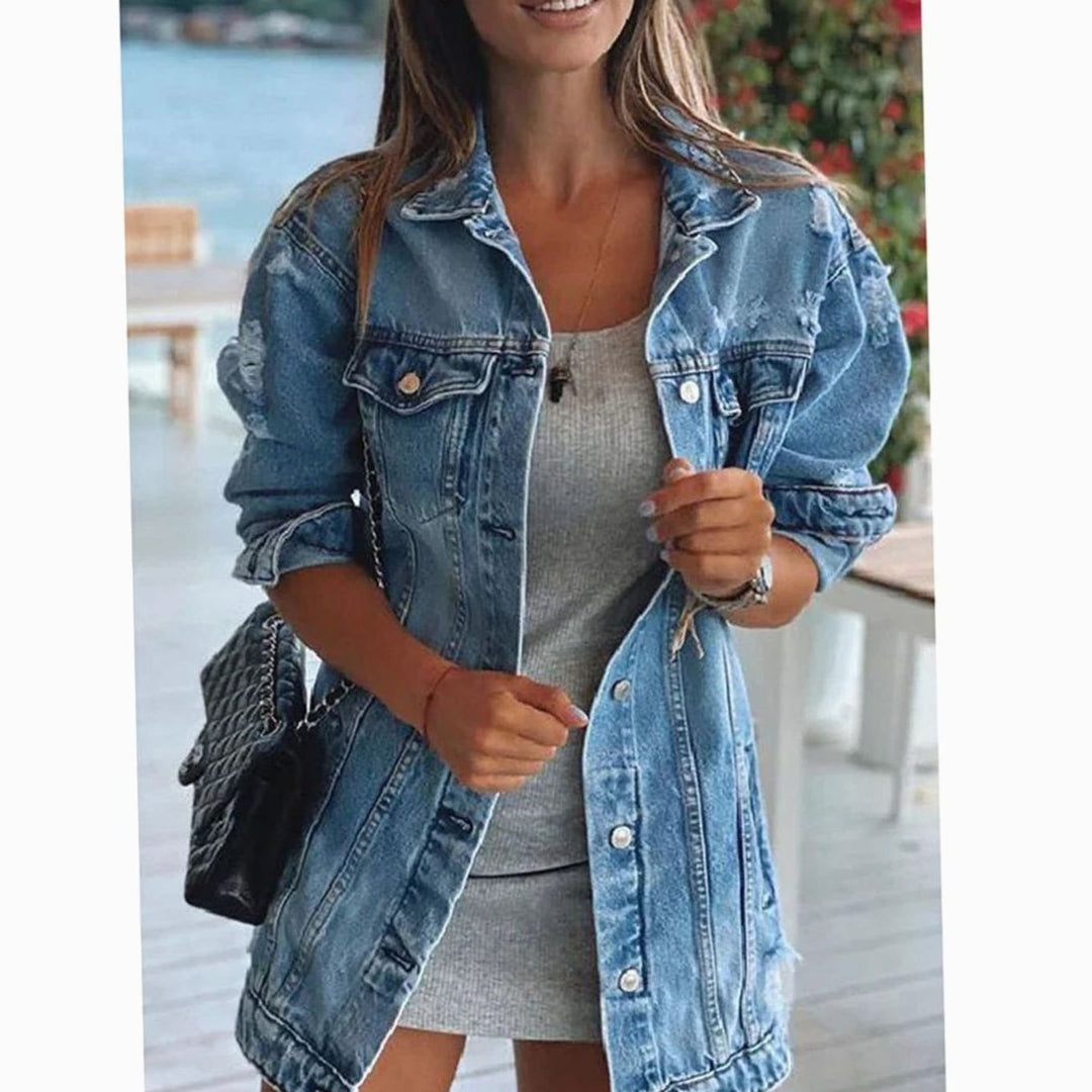 Women's Oversized Button-Front Distressed Denim Jacket