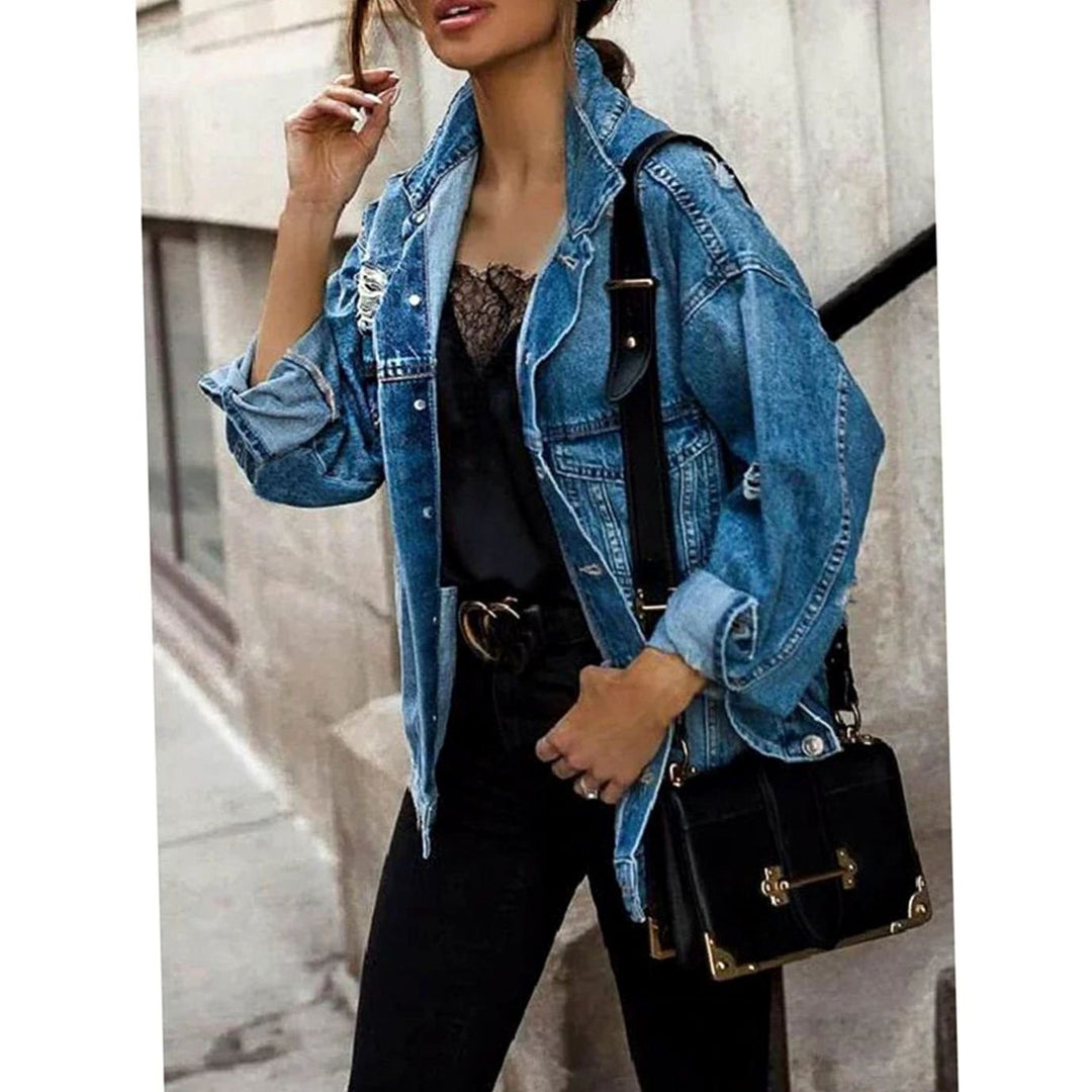 Women's Oversized Button-Front Distressed Denim Jacket