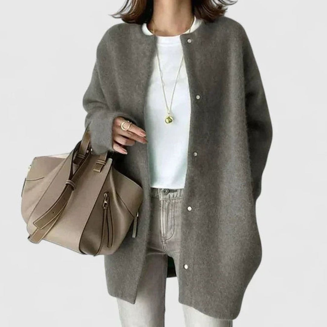 Women's Oversized Button-Front Knit Cardigan Sweater, Taupe - Dark Gray