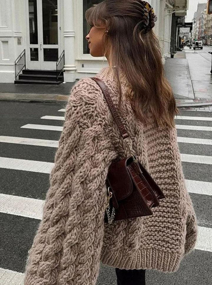 Women's Oversized Cable-Knit Chunky Crew Neck Sweater
