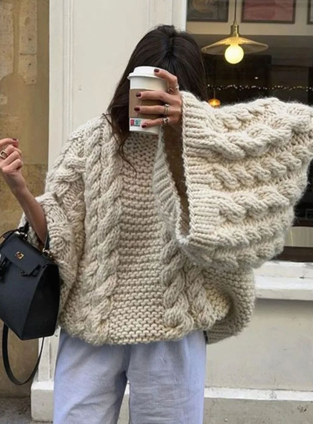 Women's Oversized Cable-Knit Chunky Crew Neck Sweater - White