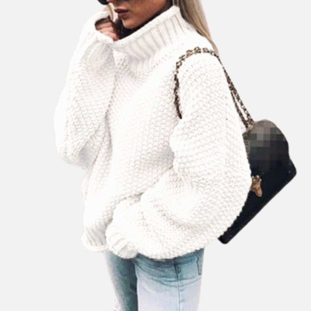 Women's Oversized Chunky Knit Turtleneck Sweater, White - White