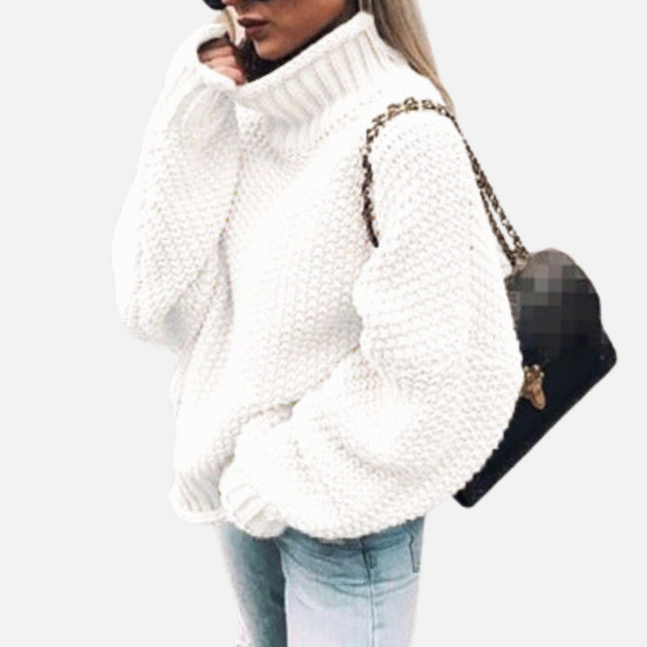 Women's Oversized Chunky Knit Turtleneck Sweater, White - White