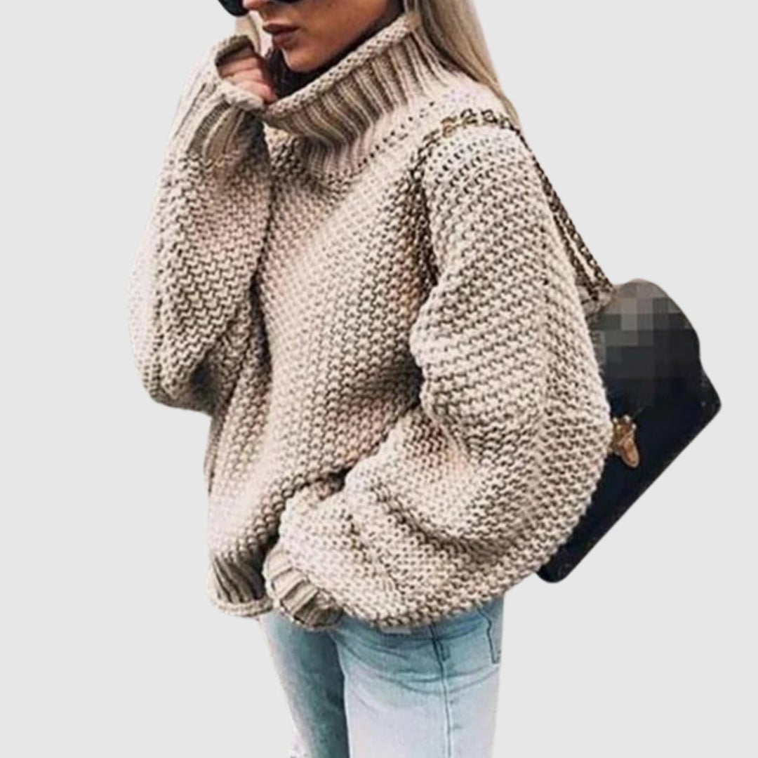 Women's Oversized Chunky Knit Turtleneck Sweater, White - Khaki