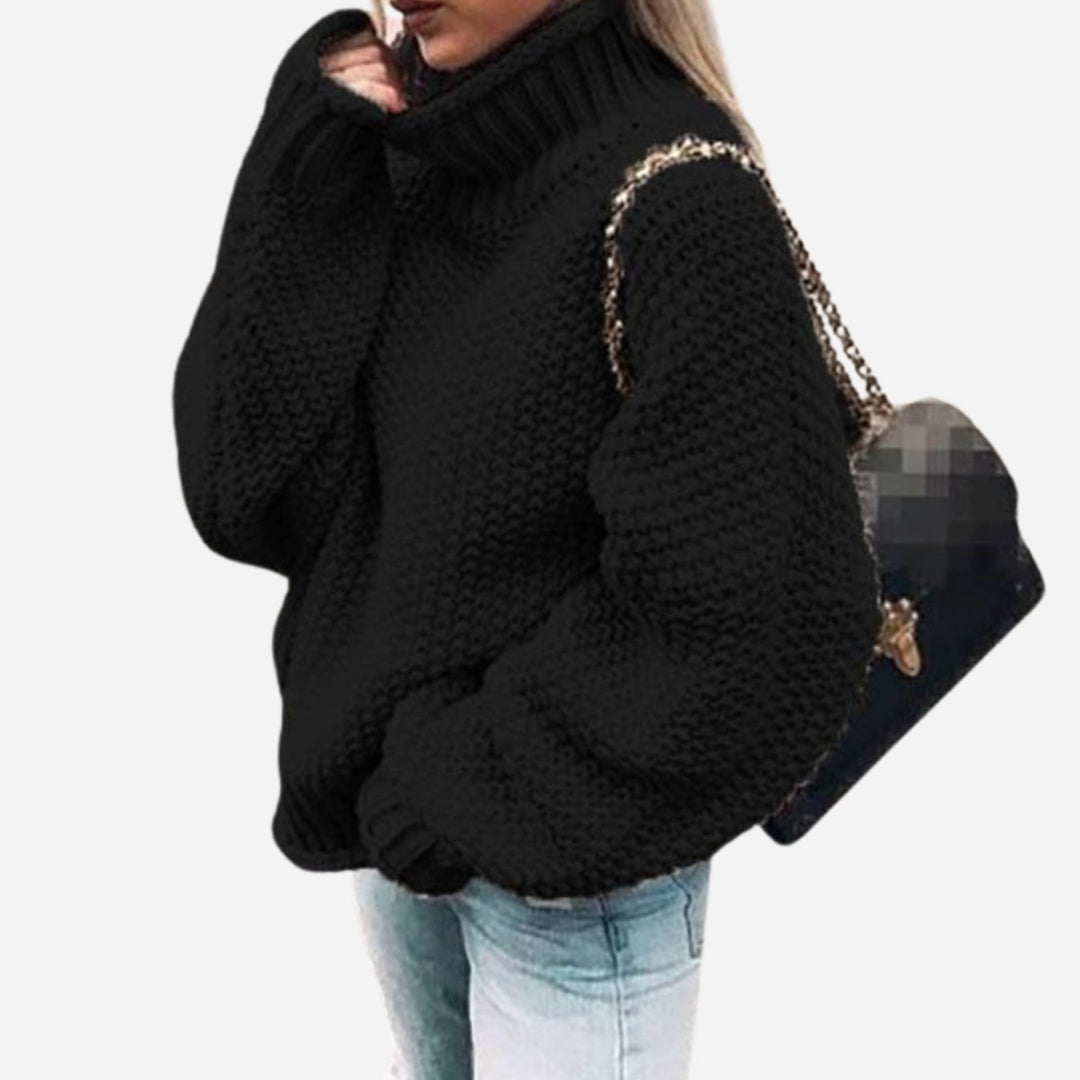 Women's Oversized Chunky Knit Turtleneck Sweater, White - Black
