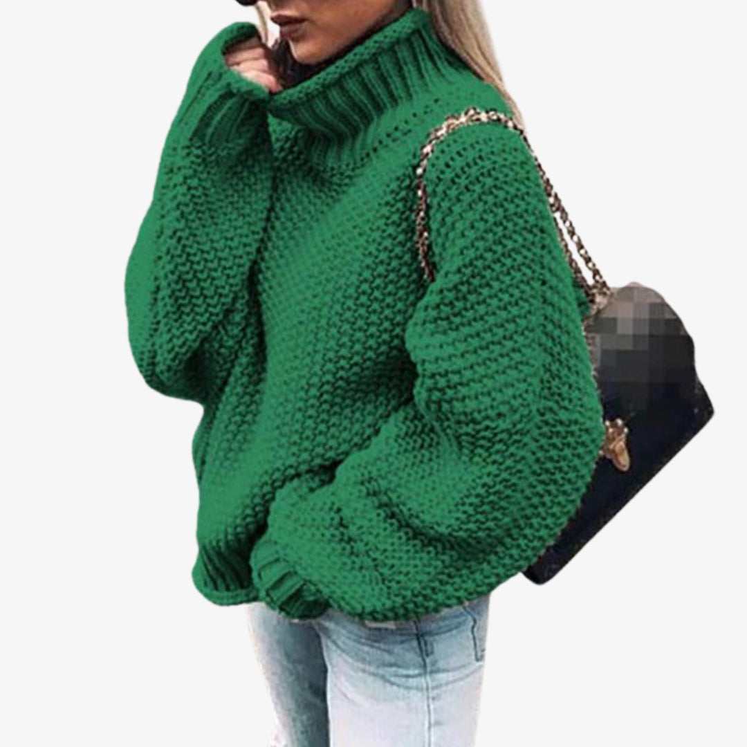 Women's Oversized Chunky Knit Turtleneck Sweater, White - Green