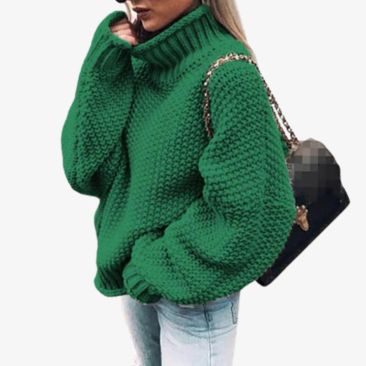 Women's Oversized Chunky Knit Turtleneck Sweater, White - Green