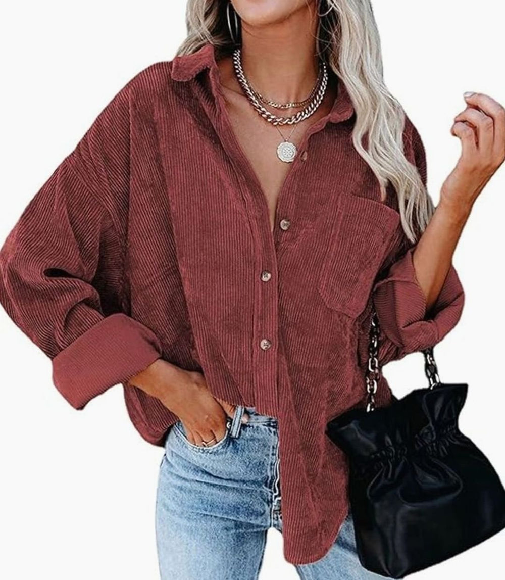 Women's Oversized Corduroy Button-Up Shirt Jacket - Rustic Red