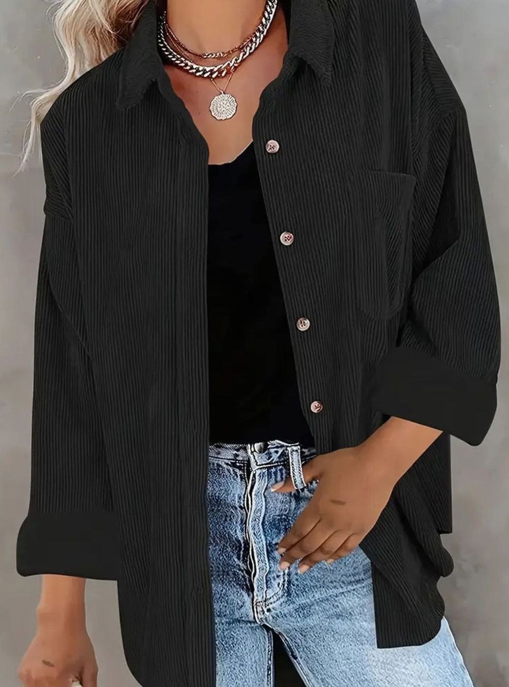 Women's Oversized Corduroy Button-Up Shirt Jacket - Black