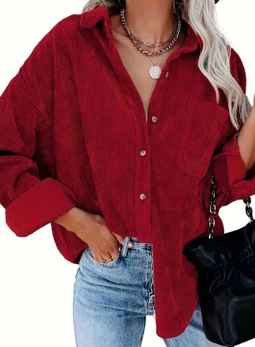 Women's Oversized Corduroy Button-Up Shirt Jacket