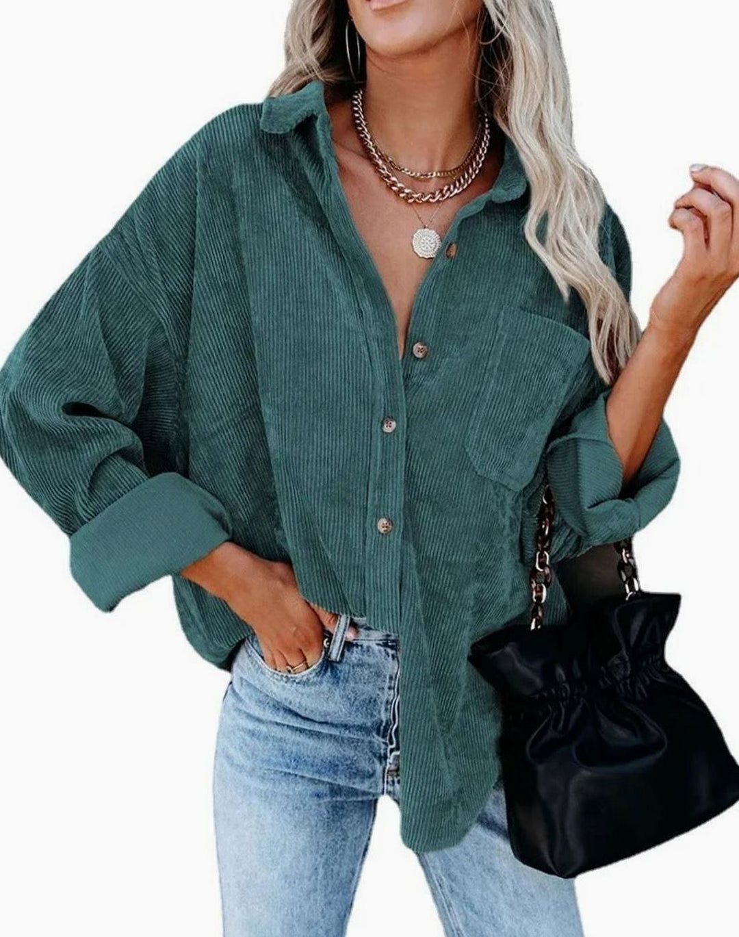 Women's Oversized Corduroy Button-Up Shirt Jacket - Green