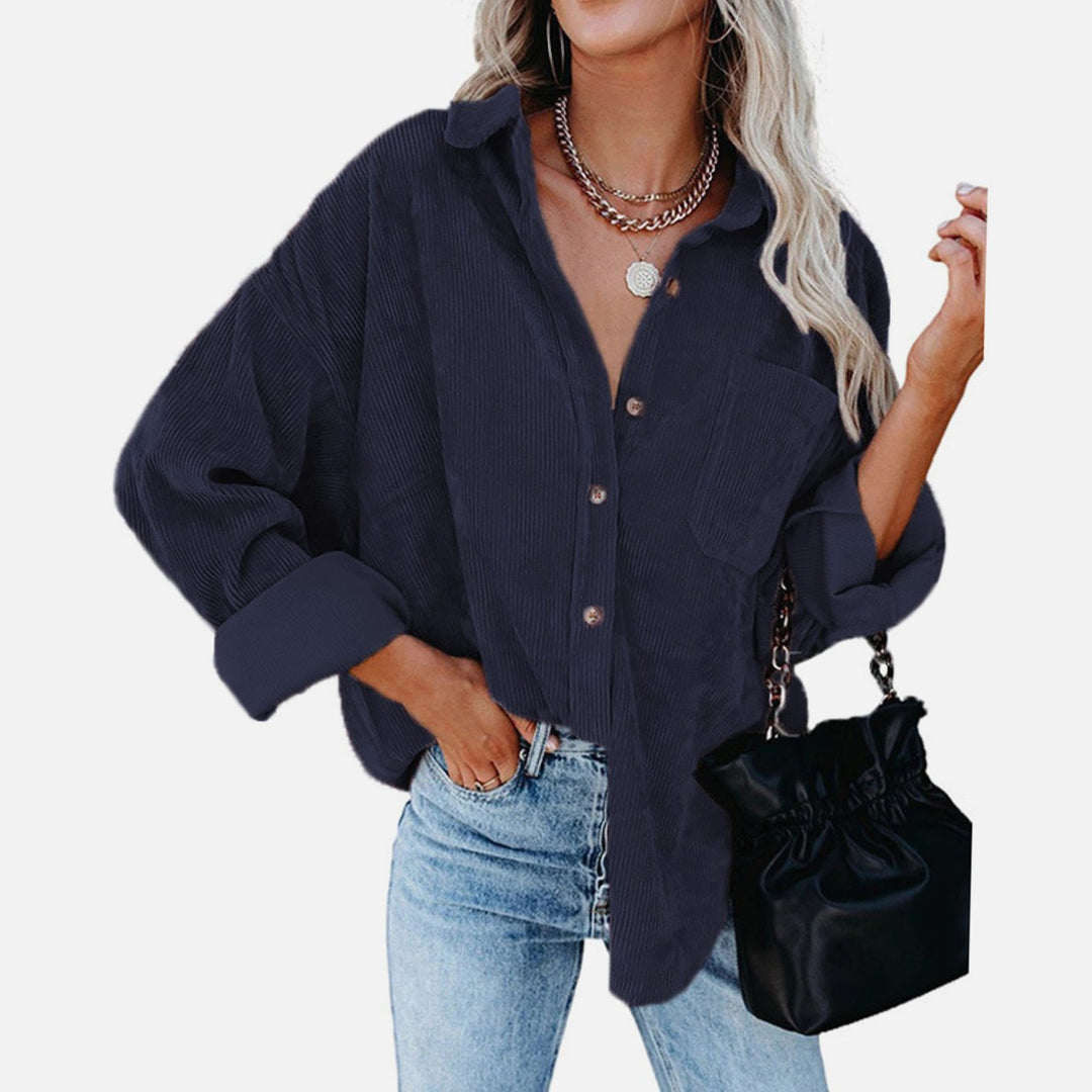 Women's Oversized Corduroy Button-Up Shirt Jacket - Navy Blue
