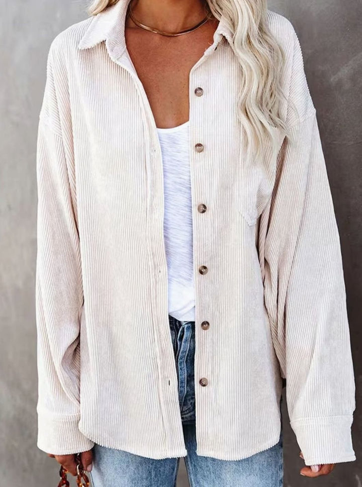 Women's Oversized Corduroy Button-Up Shirt Jacket - Beige