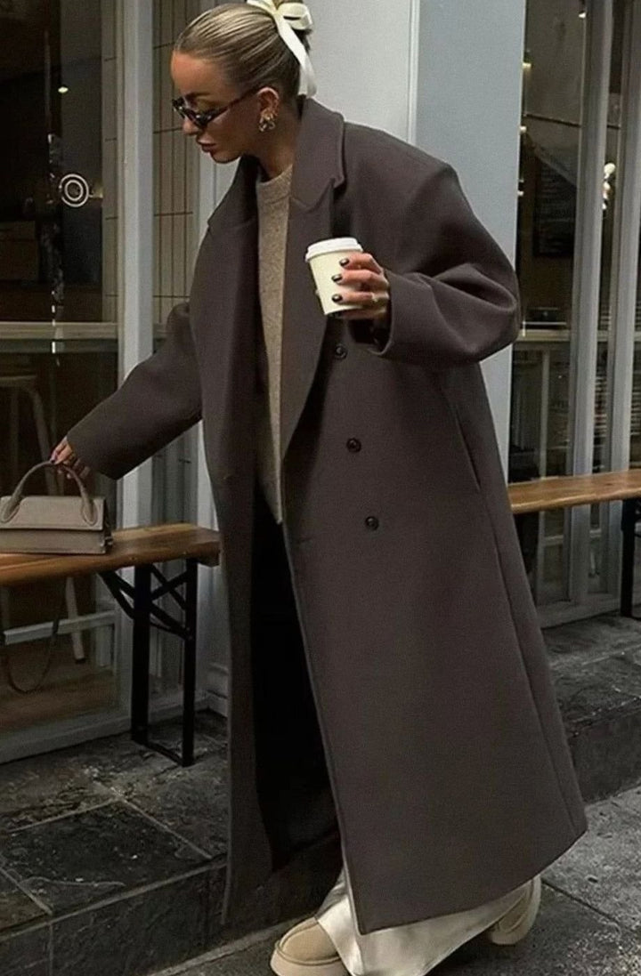 Women's Oversized Double-Breasted Brown Winter Coat - Brown